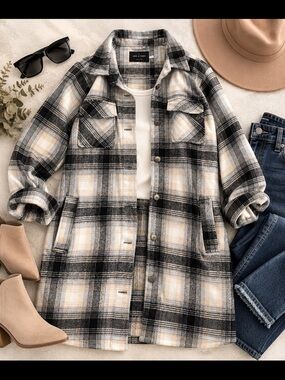 Women’s Plaid Button-Down Shirt Jacket - Black & White